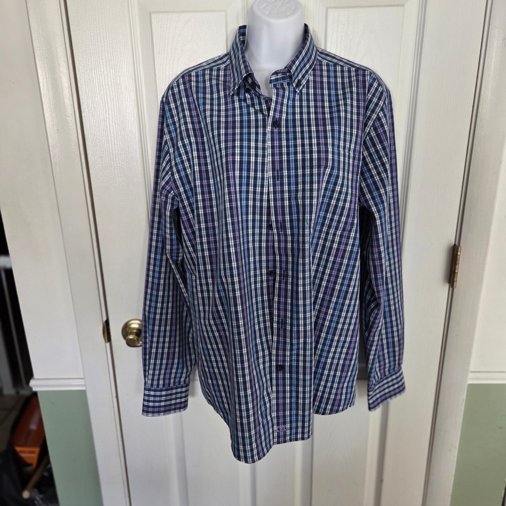 Cutter & Buck Mens M Easy Care Plaid Button Down Shirt Blue Purple Preppy Office